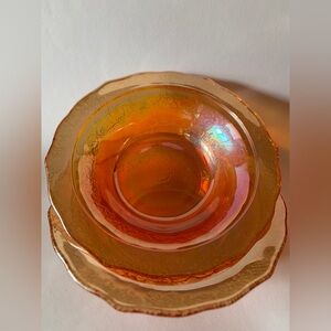 Set of 2 Normandie Bouquet Lattice Marigold Iridescent Carnival Glass  Bowl 5"